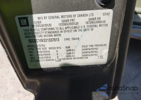 2002 Chevrolet Silverado 1500 Ls from USA, damaged, VIN 2GCEC19V221337813